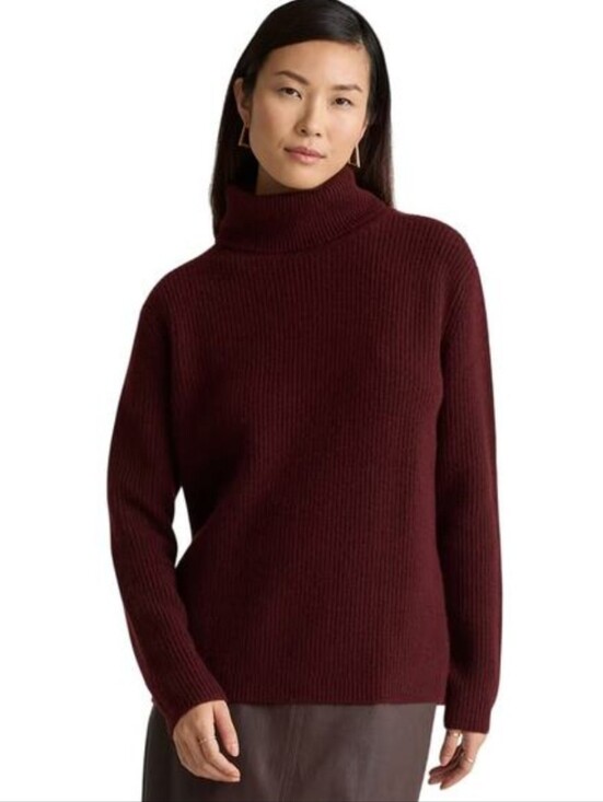Quince Sweaters - Quince Women's 100% Cashmere Ribbed Turtleneck Fisherman Sweater: Deep Burgundy